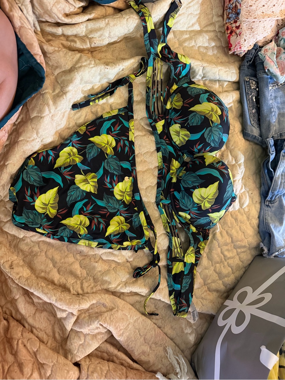 Victoria's Secret Black Bikini with Yellow and Teal Tropical Leaf Print
